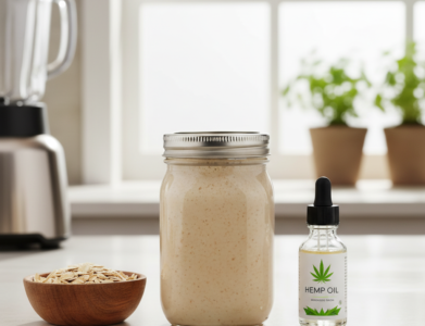 Baltyminis kokteilis su avižomis ir kanapių aliejumi ant virtuvės stalo